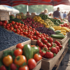 A colorful farmers' market stall brimming with seasonal fruits and vegetables such as strawberries, blueberries, tomatoes, zucchini, and corn.