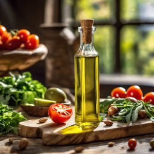 An elegant glass bottle filled with extra virgin olive oil, placed on a wooden table with fresh vegetables and herbs in the background. The sunlight streaming through a nearby window highlights the golden hue of the olive oil, emphasizing its richness and purity. A drizzle of olive oil is gently pouring from the bottle onto a colorful salad of leafy greens, cherry tomatoes, sliced avocado, and toasted nuts, creating a visually appealing and appetizing composition. The vibrant colors of the vegetables and the glistening texture of the olive oil underscore its role in enhancing both the flavor and nutritional profile of plant-based meals.