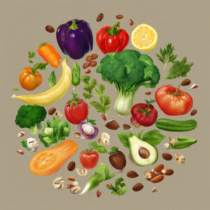 A diversity of different vegetables, fruits, herbs, nuts and seeds for well being