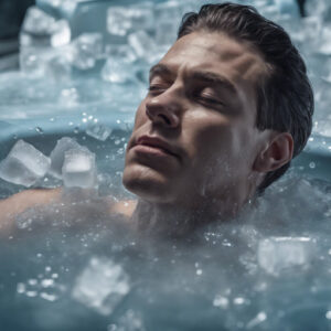 An ice bath with someone immersed up to their neck, ice cubes floating on the water's surface.