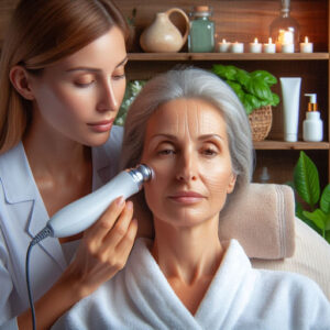 therapist is applying facial shockwave therapy to a middle-aged woman