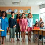 A group of six women stand smiling in a classroom, with a chalkboard and several clocks on the wall behind them. Students sit at desks, casually interacting, while another person stands near the chalkboard. The room is brightly lit.