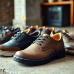 A row of men's lace-up work shoes displayed on a concrete surface, designed for wide feet. They come in various shades of brown and black, with some featuring contrasting soles. A blurred background suggests an indoor setting with wooden elements.