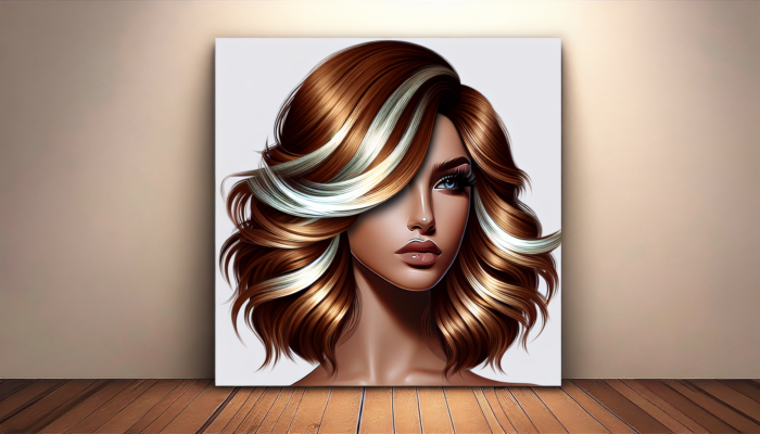 Brown hair with blonde "money piece" highlights, trendy and fashionable.