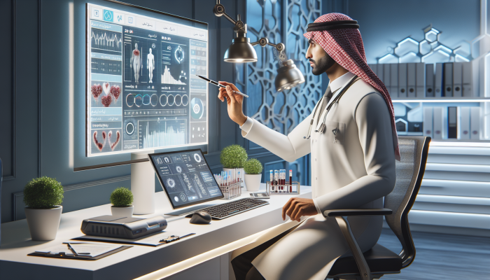 Doctor reviewing blood test results on a screen for weight management in a modern clinic.