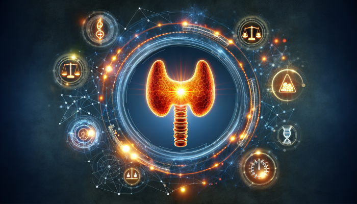 Illuminated thyroid gland with metabolic symbols and scales, emphasizing weight and energy impact.