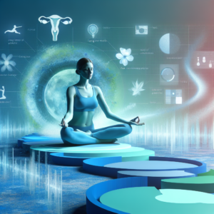 Woman practicing yoga in calming blue and green environment, symbolizing menstrual pain relief.