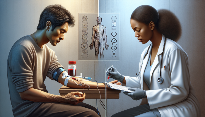 Image showing blood test for stress measurement versus self-reported questionnaire, illustrating objective versus subjective methods.