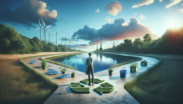 A person at a crossroads evaluating maps, surrounded by sustainability symbols like solar panels and greenery.