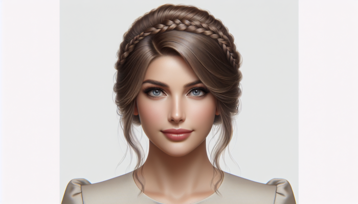 A woman with medium hair styled in an elegant half-up style featuring a fishtail braid, perfect for both casual and formal occasions.