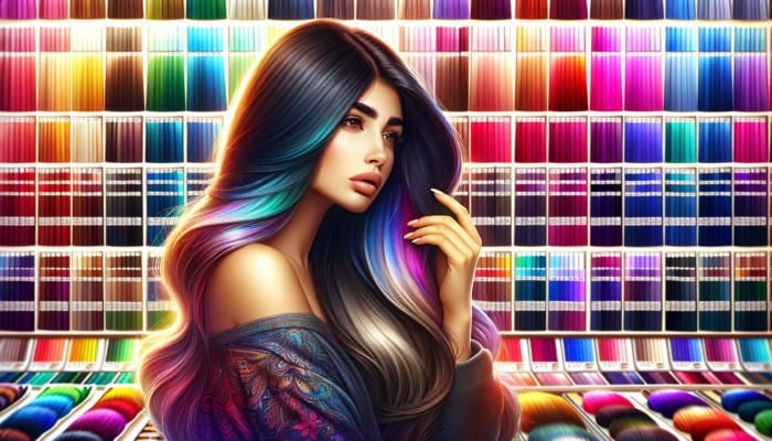 Woman selecting balayage colour in a vibrant salon, showcasing a variety of shades.