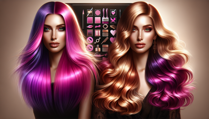 Women showcasing vibrant pink and purple balayage and elegant warm blonde with rich brown balayage.
