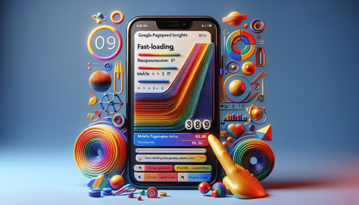 Smartphone displaying an optimized ecommerce site with fast loading, clear images, and Google PageSpeed Insights results.