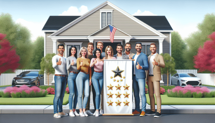 Delighted homeowners giving thumbs-up in front of their home, showcasing a banner with top-rated home service logo and reviews.