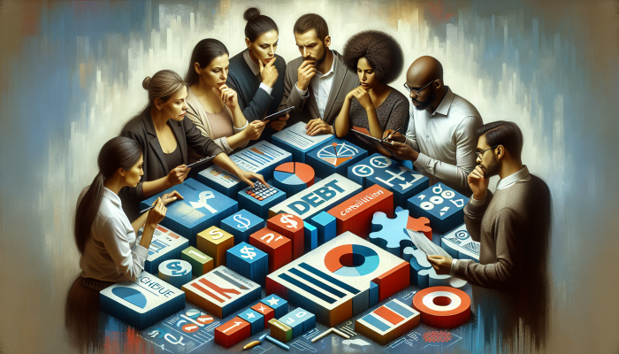 A diverse group analyzing debt consolidation loans with financial charts in the background.
