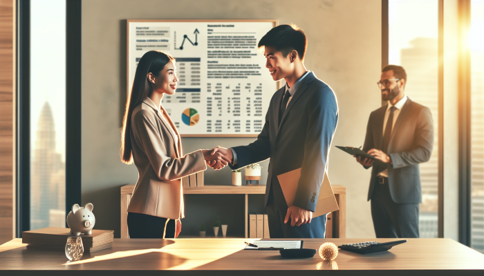 A hopeful unemployed person, lender, and supportive guarantor shaking hands in a warmly lit office with financial documents.
