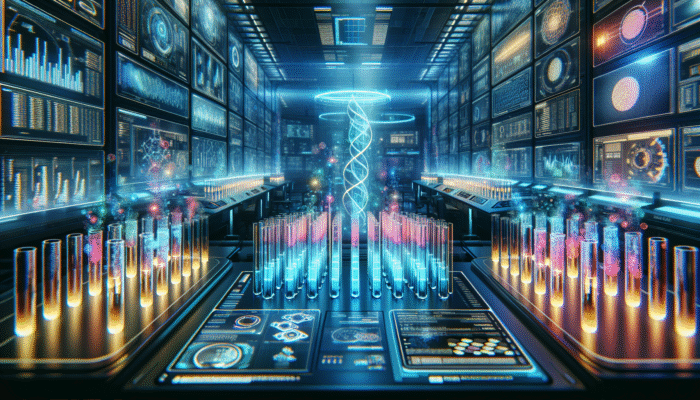 A modern laboratory featuring illuminated test tubes and digital displays showcasing protein absorption data.