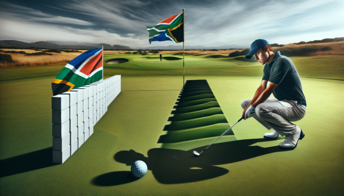 Understanding golf mental blocks: A South African golfer facing mental barriers, depicted through an invisible wall and ominous shadows of doubt and fear on the green.