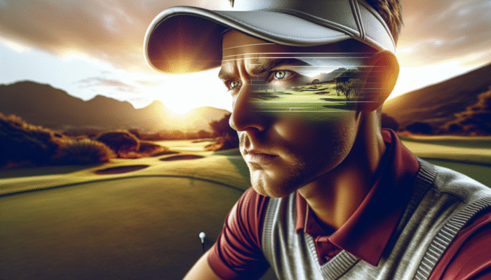 A South African golfer at sunrise, visualizing the course and employing deep breathing to transform anxiety into confidence.