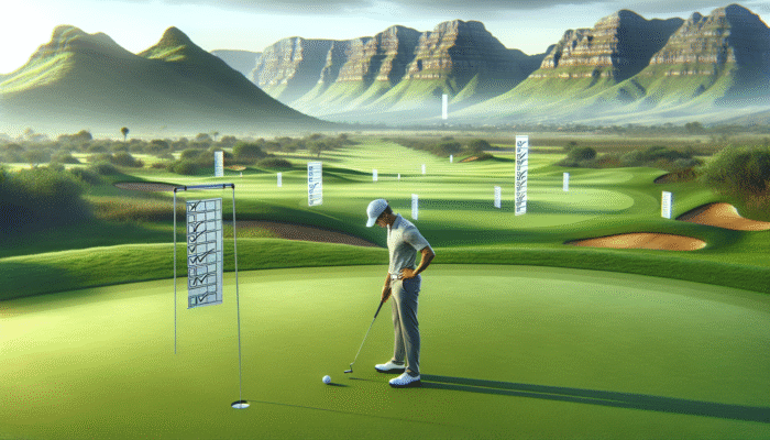 A South African golfer concentrating on a putt on a lush green course, with distant mountains and floating checklists symbolizing small, attainable goals.