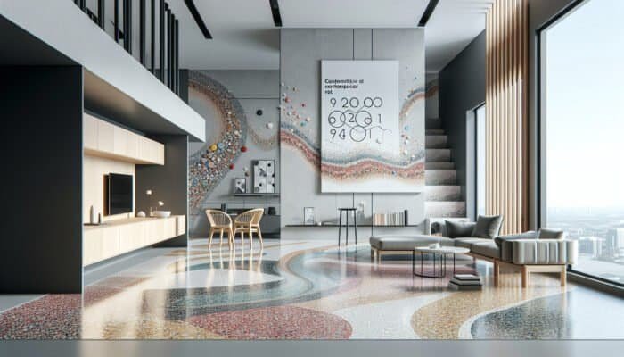 Restoring Terrazzo Floors: Modern interior with vibrant, swirling terrazzo flooring in a sleek, contemporary apartment.