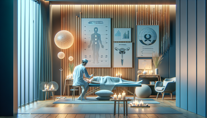 A tranquil acupuncture session in a contemporary UK clinic for fertility, featuring calming decor and an insurance coverage chart.