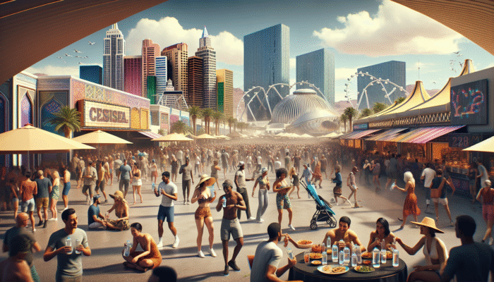 A vibrant Las Vegas festival scene featuring people using refillable water bottles and resting in shaded areas to stay hydrated.
