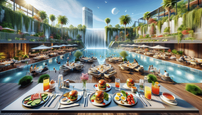 A vibrant outdoor brunch scene in Las Vegas featuring expansive patios, lush greenery, and a waterfall. Guests enjoy gourmet burgers, eggs Benedict, and refreshing cocktails under a sunny sky.