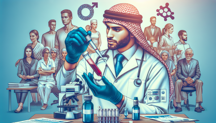 A bustling Bicester clinic showcasing clear pricing, diverse patients, and a lab technician analyzing a male hormone blood test.