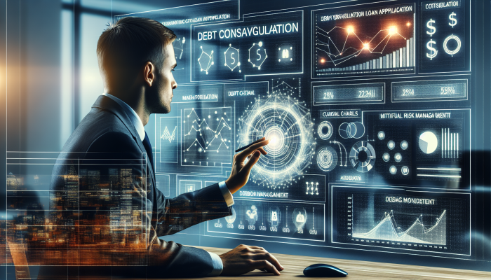 Debt Consolidation Loan Origination Fees and Risk Management: | DCL UK lender assessing debt consolidation loan risk in modern office environment with financial charts and economic trends on display.