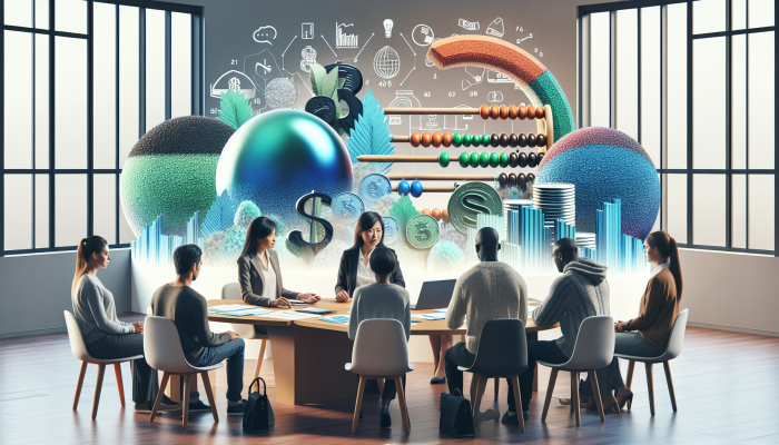 A diverse group receiving personalized debt management plans from a counselor in a UK office, surrounded by financial tools.