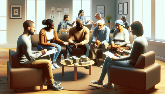 Diverse UK group receiving free and low-cost credit counseling in a supportive environment.