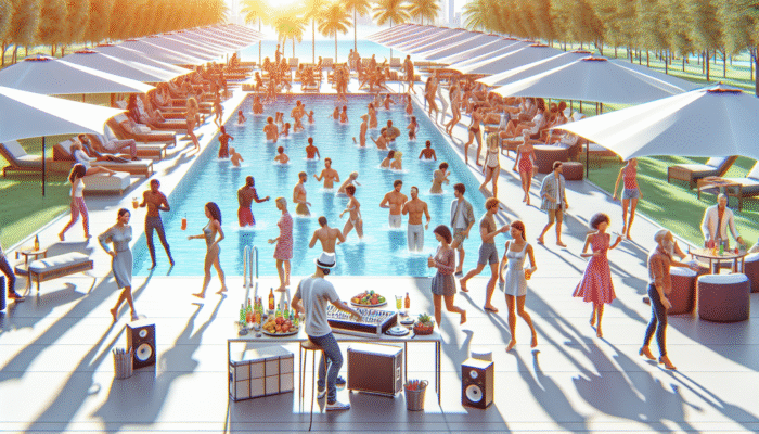 A lively pool party scene with guests dancing and socializing by a luxurious pool while a DJ spins upbeat tracks under the bright sun.