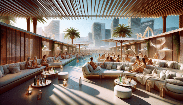 Guests enjoying premium bottle service and personalized mixers in private cabanas at a day club.