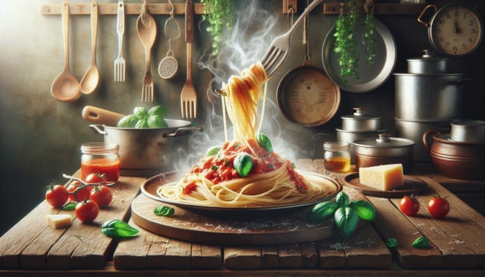 A steaming plate of spaghetti topped with marinara sauce, garnished with basil and parmesan, set in a rustic Italian kitchen.