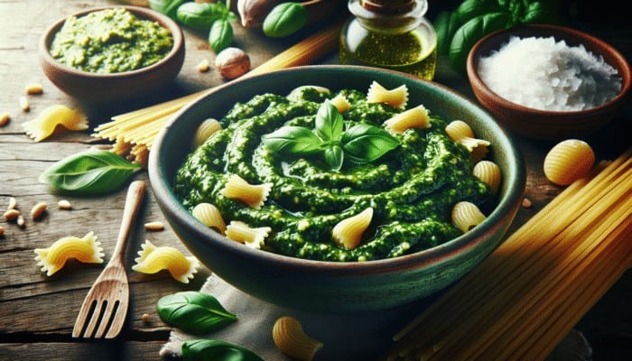 Freshly prepared pesto sauce with basil, pine nuts, and Parmesan over trofie and gnocchi on a rustic Italian table.