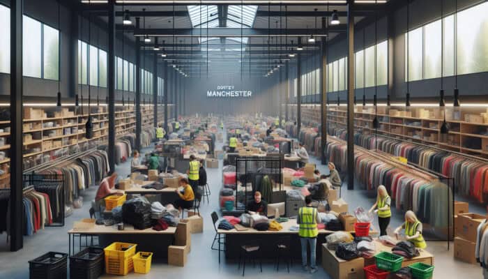 A vibrant donation center in Manchester with volunteers sorting through clothing, furniture, and electronics, promoting community care.