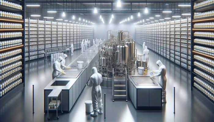 Workers in hazmat suits cleaning high-tech equipment in a modern supplement factory with neatly stored products.