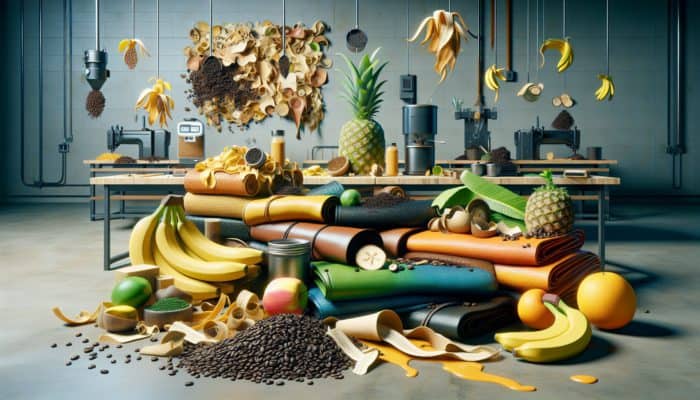 Banana peels, coffee grounds, and pineapple leaves transformed into vibrant vegan leather in a sustainable workshop.