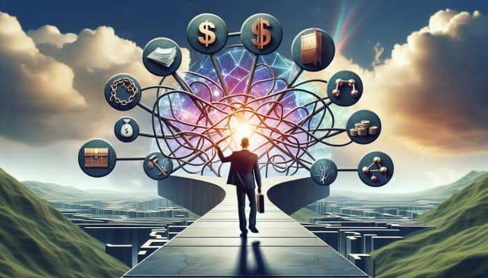 Key Terms to Understand in Debt Consolidation: A Beginner's Guide | DCL A person confidently navigating a clear path through a complex financial landscape with labeled signposts under a bright sky.