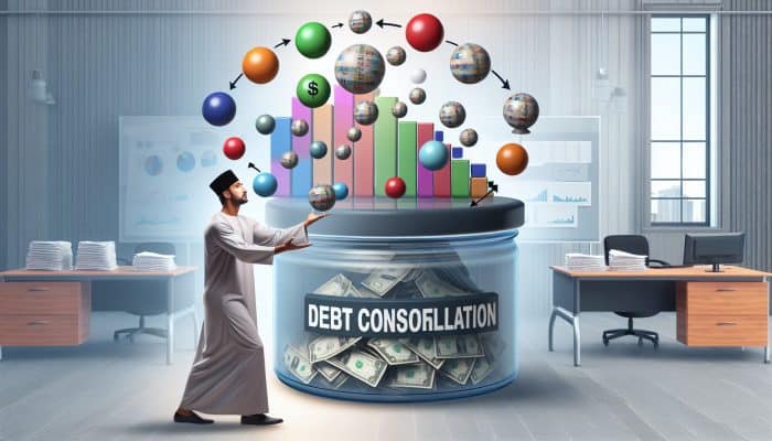 A person juggling colorful balls as debts, consolidating them into a clear container in a financial office.