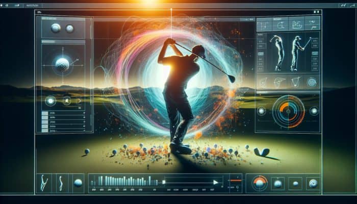 Golf swing analysis software interface with slow-motion playback, drawing tools, and side-by-side comparison feature.
