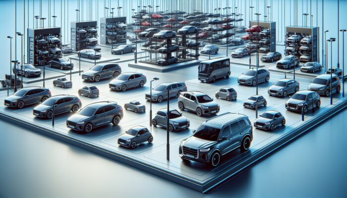 A diverse range of vehicles including compact cars, luxury sedans, and SUVs in a rental lot.
