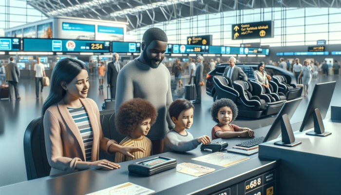 Family at car rental desk selecting GPS and child seat, busy airport backdrop.