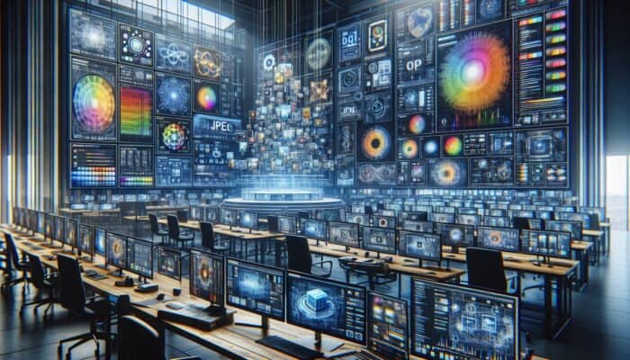 A digital artist's workspace comparing JPEG, PNG, and GIF formats with quality and speed graphs displayed on screens.