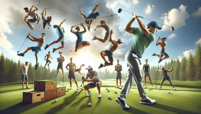 Golfer executing a powerful swing on a green course, employing dynamic plyometric drills to boost muscle power and speed.