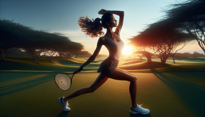 Golfer performing dynamic arm circles and leg swings in the early morning, followed by static stretches at sunset on a lush course.