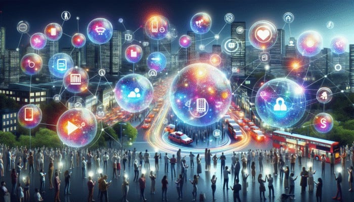 Urban users engaging with smartphones to ask specific questions, surrounded by local business icons, representing high-intent traffic opportunities.