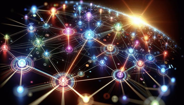 A dynamic digital network map illustrating key nodes and glowing connections that represent beneficiaries of ChatGPT referral traffic.