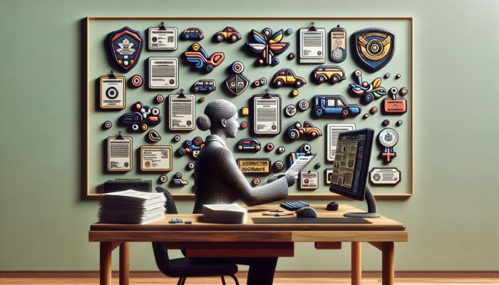 A person verifying a car rental company's licensing and insurance on a computer, with official documents displayed on the wall.